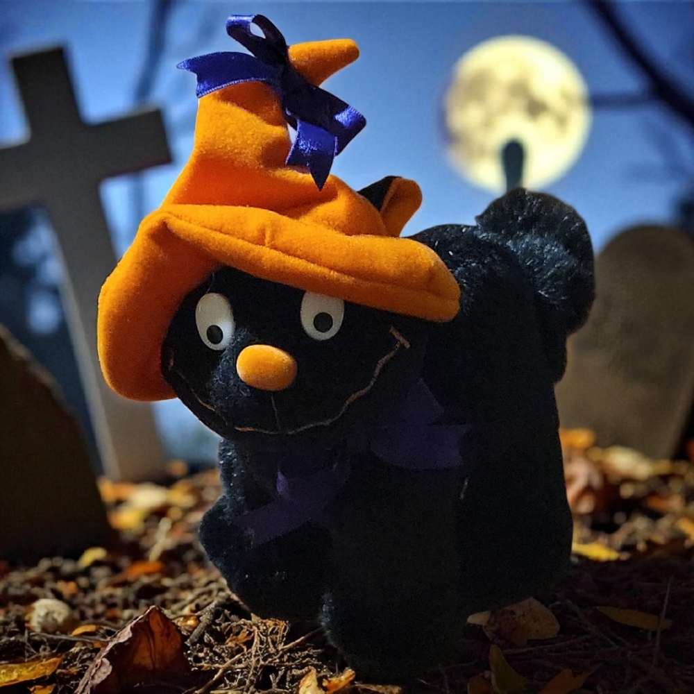 Vtg Halloween Stuffed Plush Black Cat Grinning Witch Hat Purple Ribbon Bow